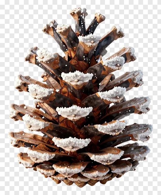 A bronze pinecone covered in frost.