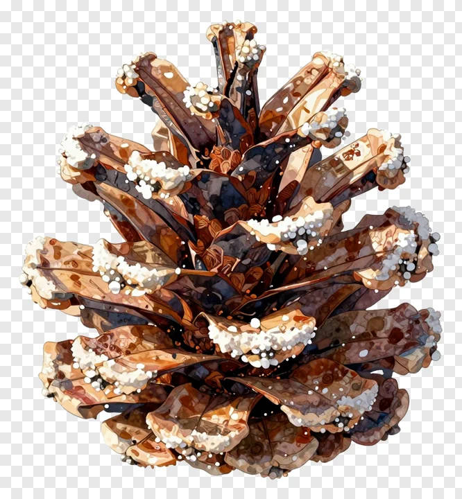 A bronze-colored pinecone covered in frost.