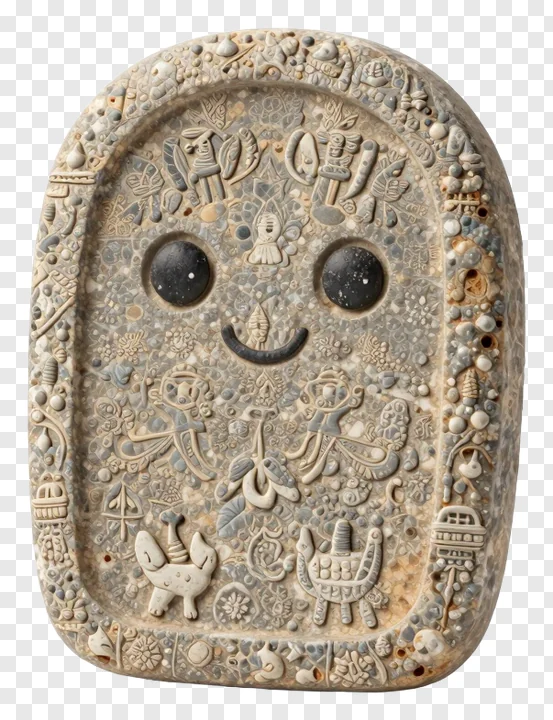 An ancient stone tablet with carved symbols and a smiling face.