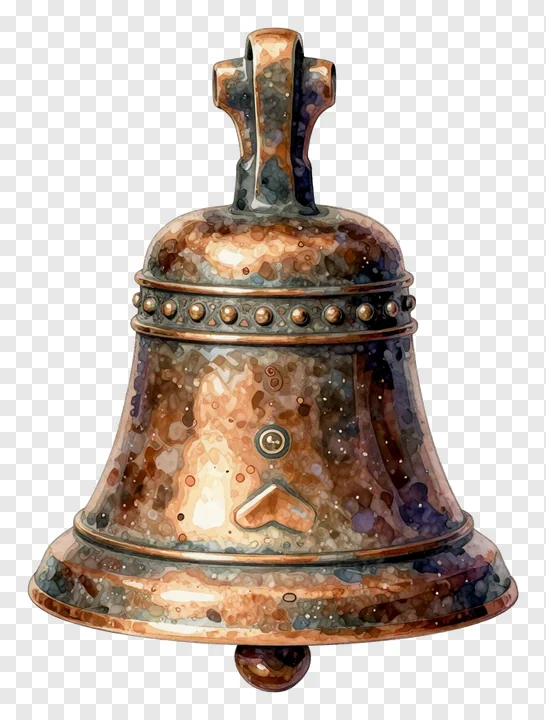 An antique bronze bell with a cross handle.