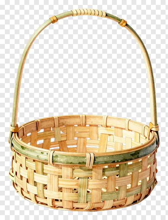 A woven bamboo basket with green accents and a handle.