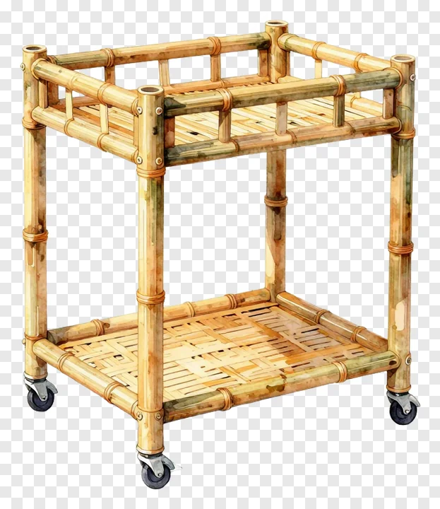 Two-tiered bamboo cart with wheels.