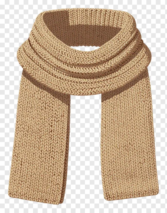 A beige knitted winter scarf draped around the neck.