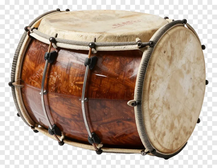 A traditional Bengali dhaki drum with wooden body and hide heads.