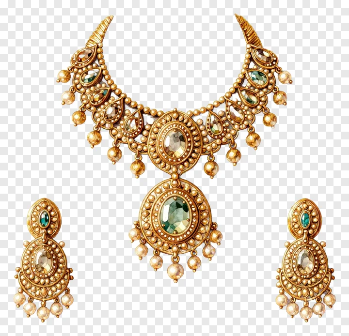 A set of Bengali gold jewelry with pearl dangles and gemstones.