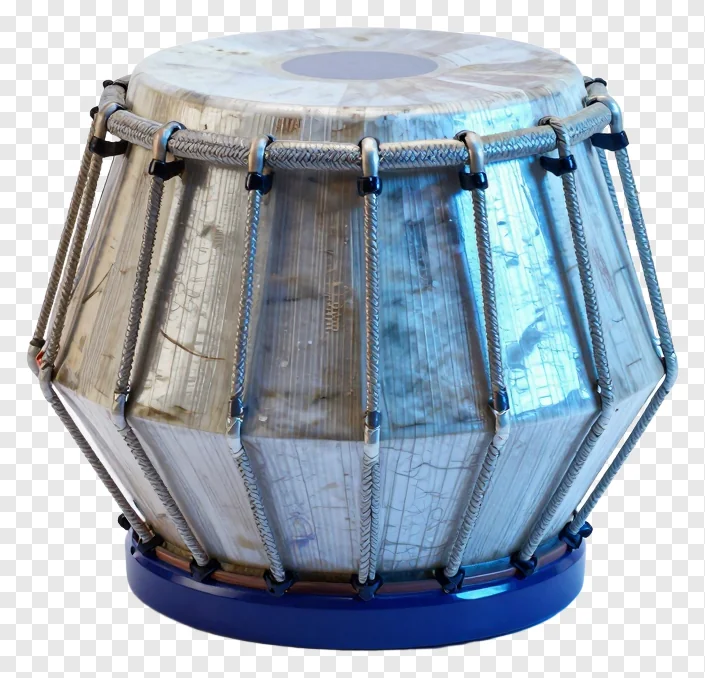A traditional Bengali tabla drum with a light-colored shell and metallic ropes.
