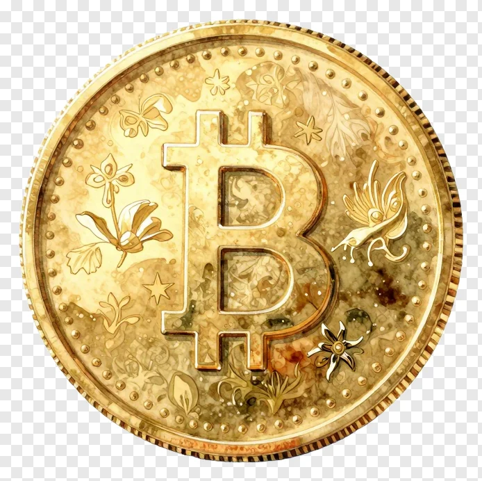 A gold Bitcoin coin with butterfly designs.