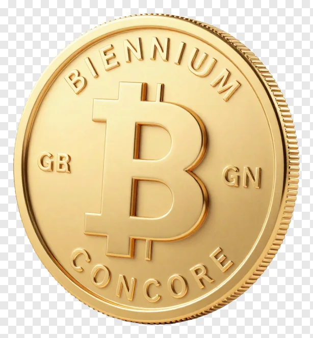 A gold coin with a Bitcoin symbol and engraved text.