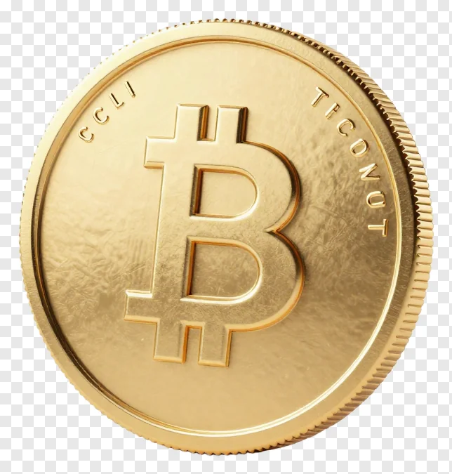 Gold Bitcoin coin with engraved Roman numerals.