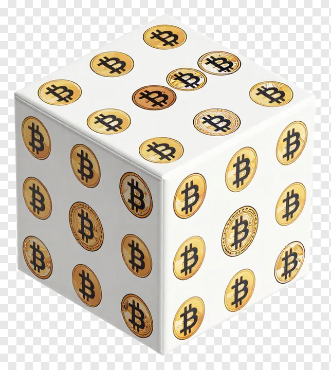 A 3D cube with Bitcoin logos on each face.