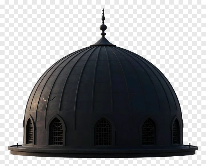 A black mosque dome with detailed windows and a finial on top.