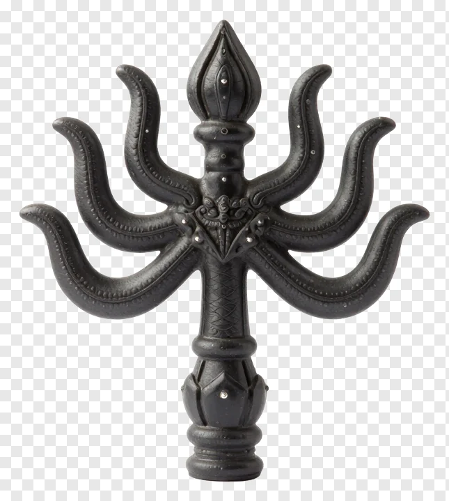 Black trishul with three curved arms and decorative details.
