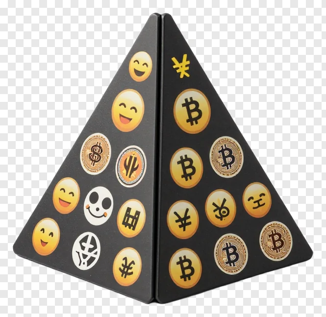 Pyramid covered in emoji and Bitcoin icons.