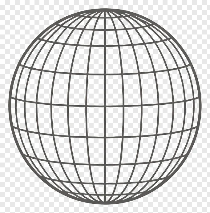 Black wireframe sphere with grid lines on white background