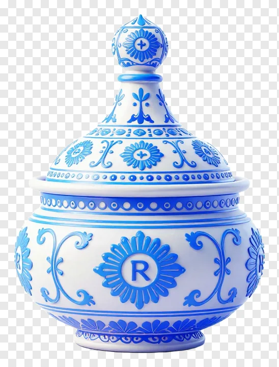 A blue and white decorated karwa pot with floral patterns and a domed lid.