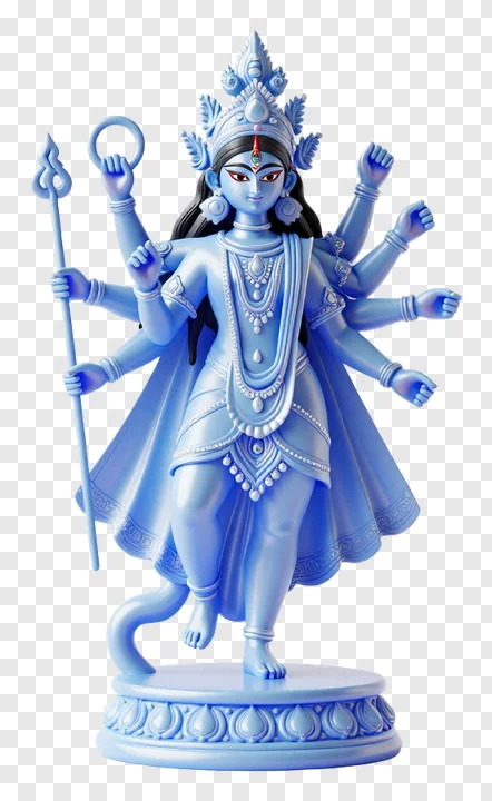 Blue eight-armed Durga statue with raised hands and trident.