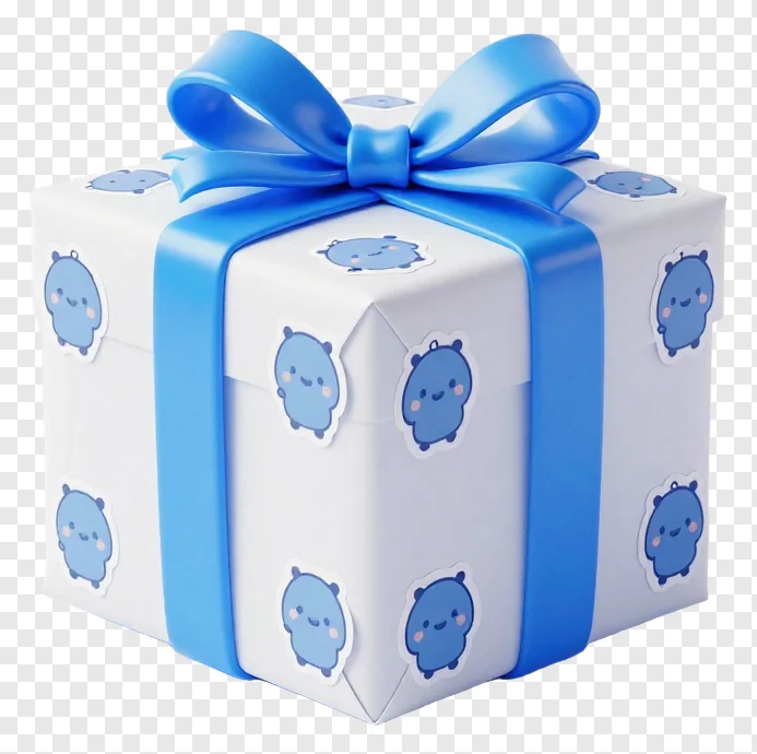A white gift box with blue ribbon and cartoon stickers.