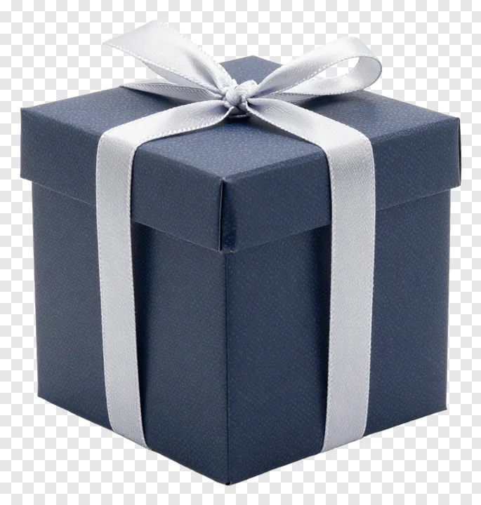 A blue gift box with a silver ribbon bow.