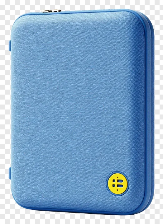 Blue textured case with a yellow button.
