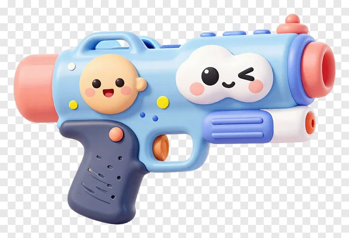 A blue water gun with two smiling cartoon faces.