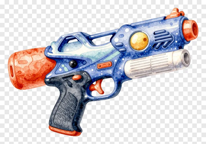 A blue and orange water gun in watercolor style.