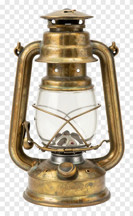 A brass oil lamp with a wire cage and glass globe.