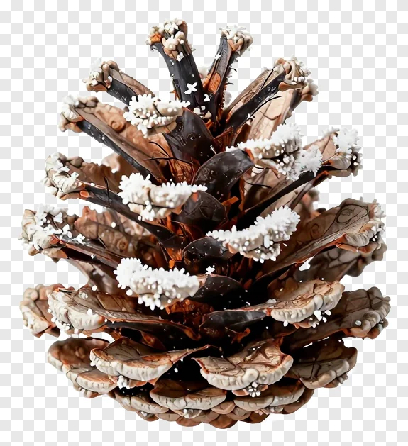 A bronze-colored pinecone with frost on its scales.