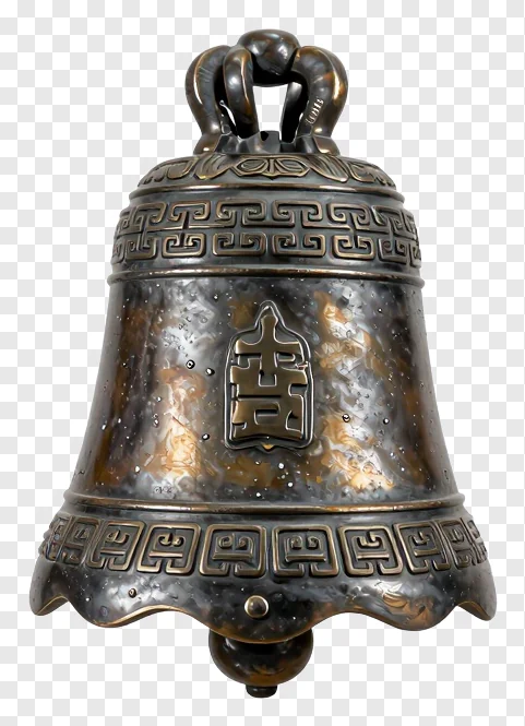 A bronze temple bell with ornate patterns and a Chinese character.