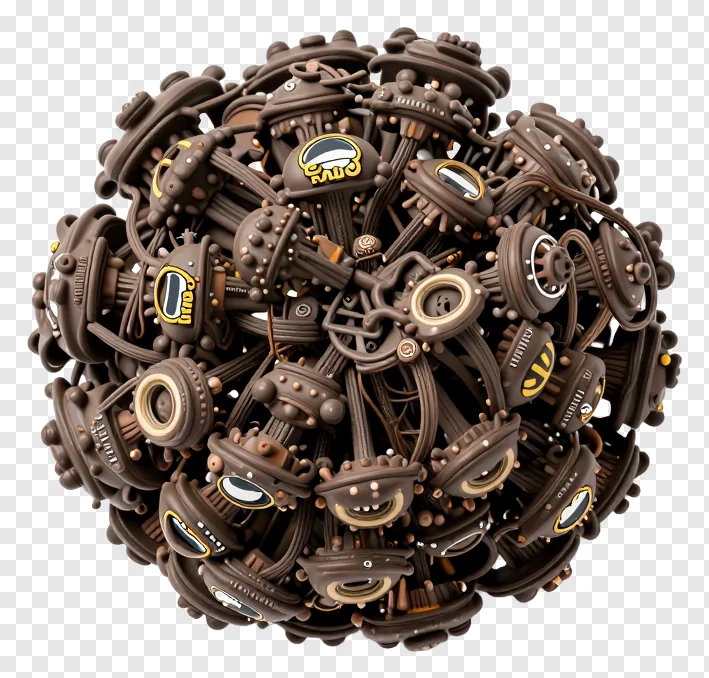 A sphere made of brown mechanical gears and parts.