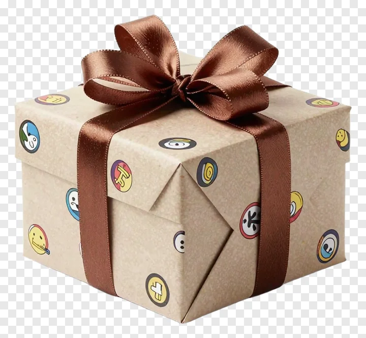 A brown paper gift box with cartoon stickers and a brown bow.