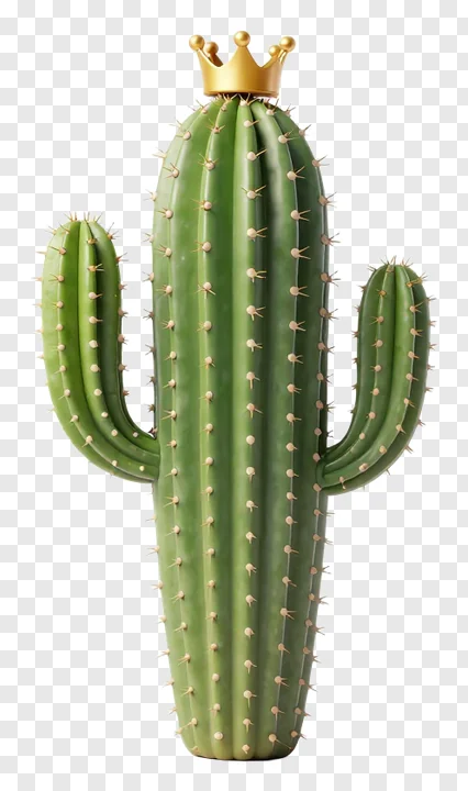 A green cactus wearing a golden crown.