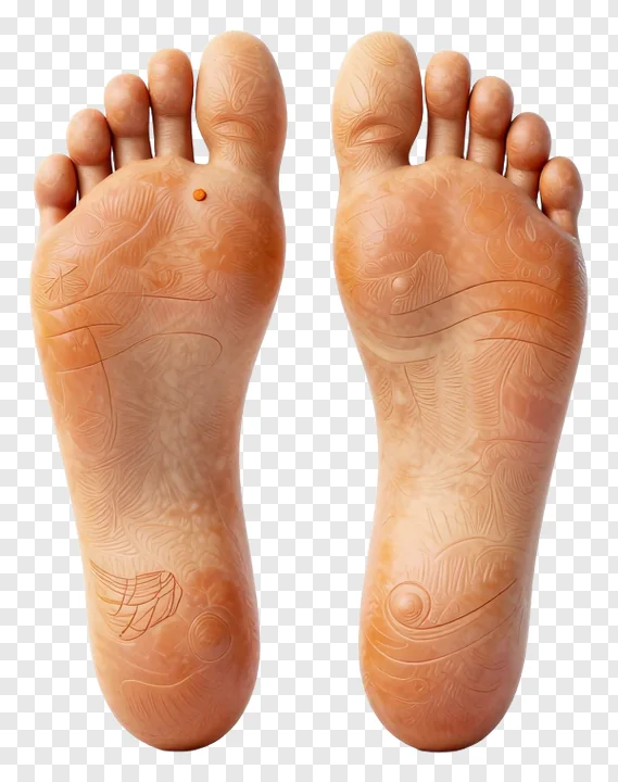 A pair of carved stone footprints with decorative patterns.