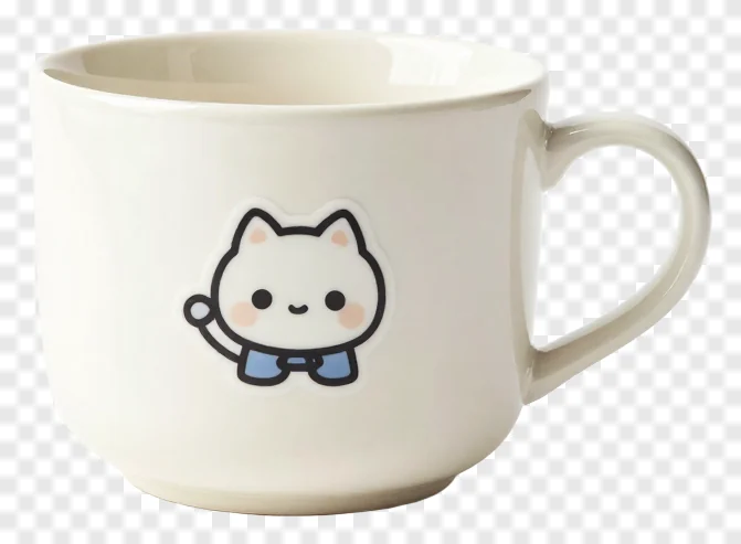 White ceramic teacup with a cartoon cat design and handle.
