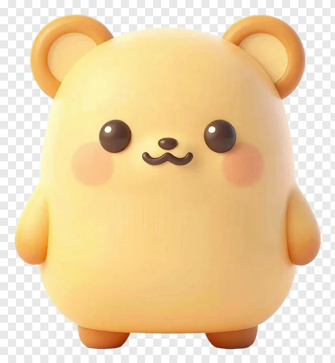 A chubby yellow 3D bear toy with rosy cheeks.