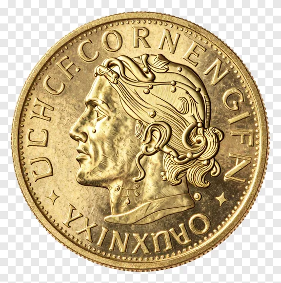 A gold coin with a profile portrait and engraved text.