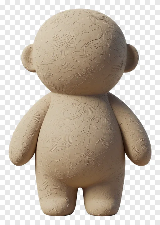 Back view of a carved clay idol figure.