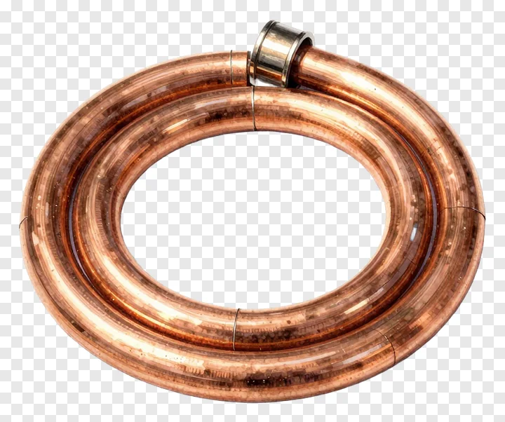 A coiled polished copper pipe with a connector.