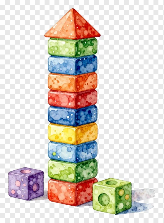 A colorful tower made of stacked blocks with two blocks fallen beside it.