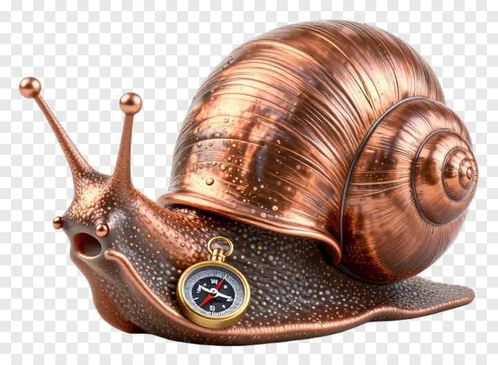 A copper snail figurine holding a compass.