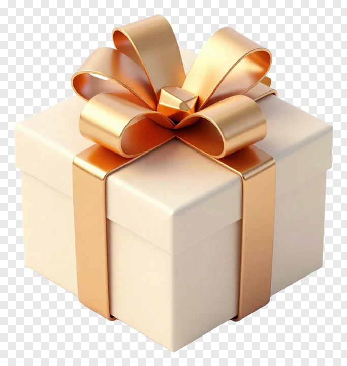 A cream gift box adorned with a gold bow.