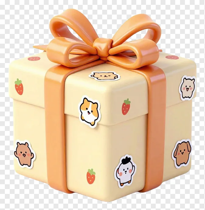 A cream gift box with an orange bow and cute stickers.
