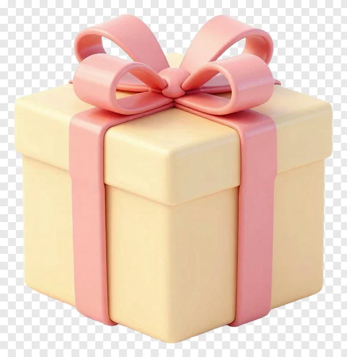 A cream gift box tied with a pink bow.