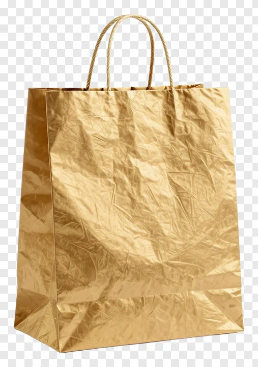 A crinkled gold shopping bag with twisted handles.