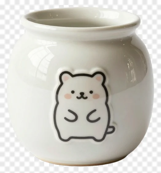 White ceramic jar with a cute bear illustration.