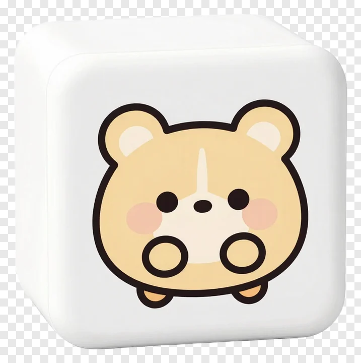 White cube featuring a cute cartoon bear face.