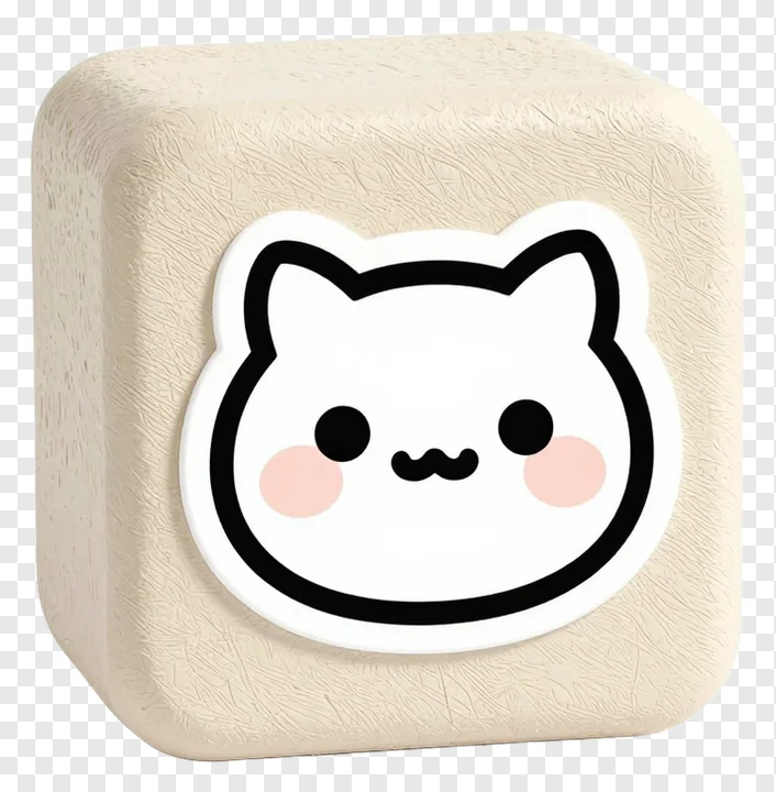 A beige cube with a cute cat face design.