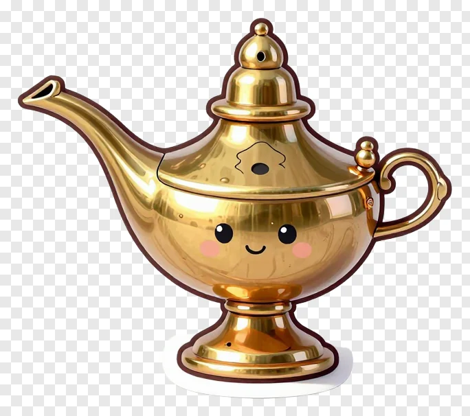 A golden oil lamp with a smiling face.