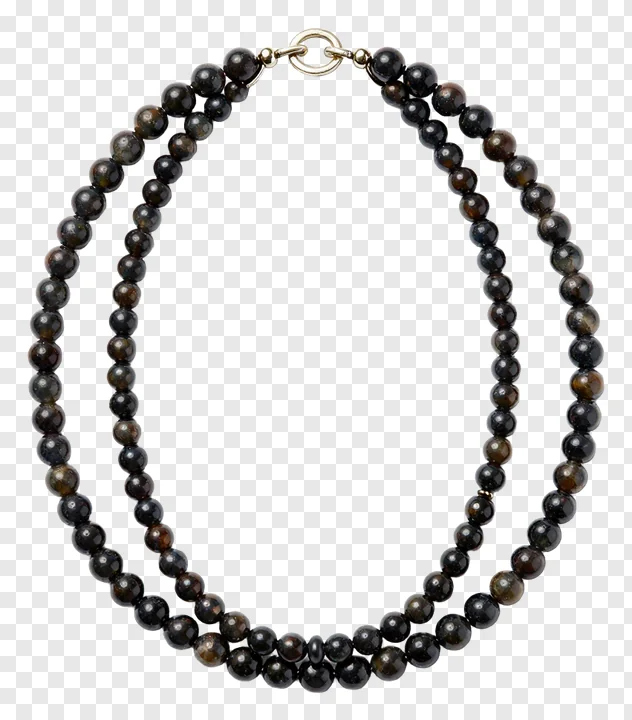 A dark beaded necklace with a gold clasp.