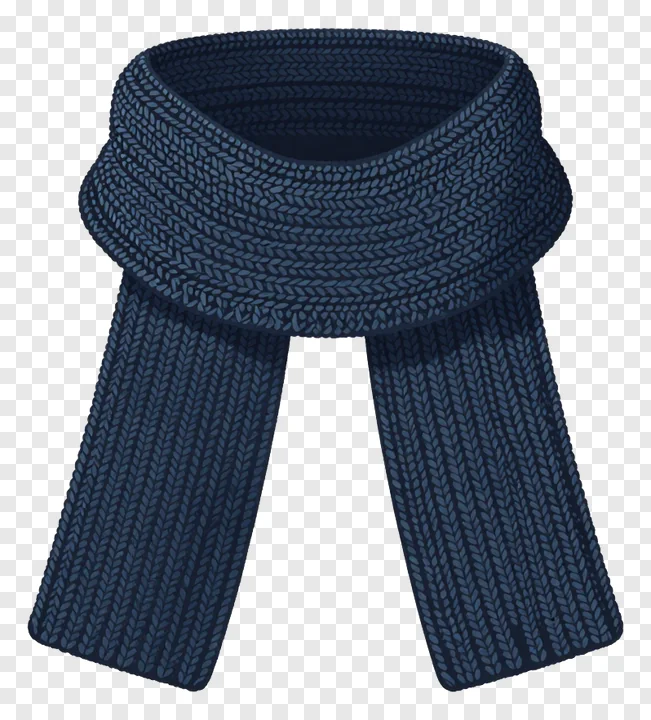 A dark blue knitted winter scarf.