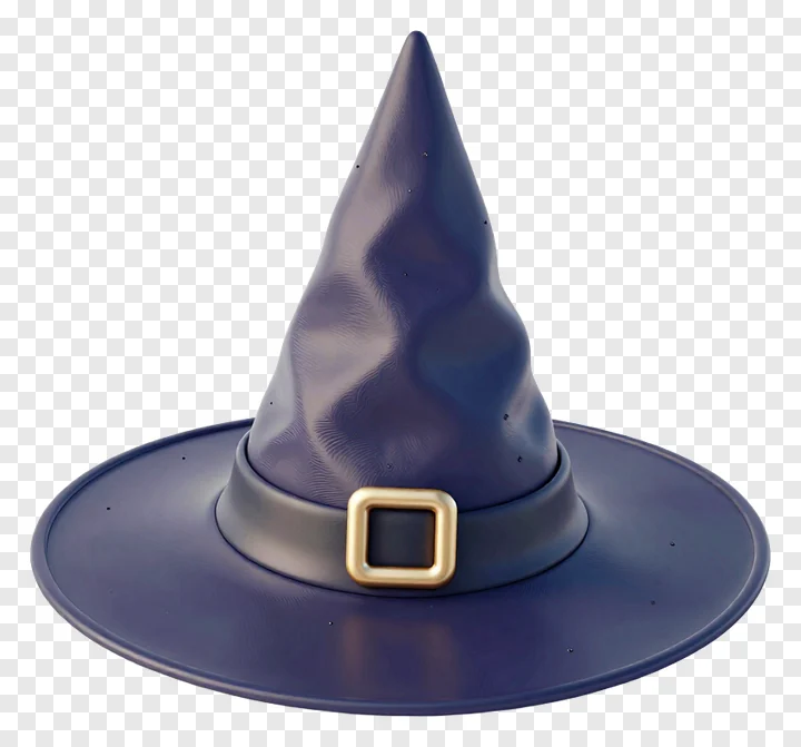 A dark blue witch hat with a gold buckle.